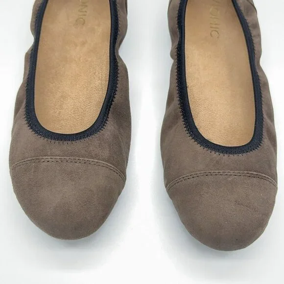 Vionic Orthotic Suede Ballet Flats Natalia Dark Taupe Black Trim Support Sz 9 - Picture 2 of 9